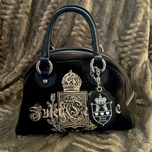 Juicy Couture Vintage Black Velvet Bowling Bag Purse with charms